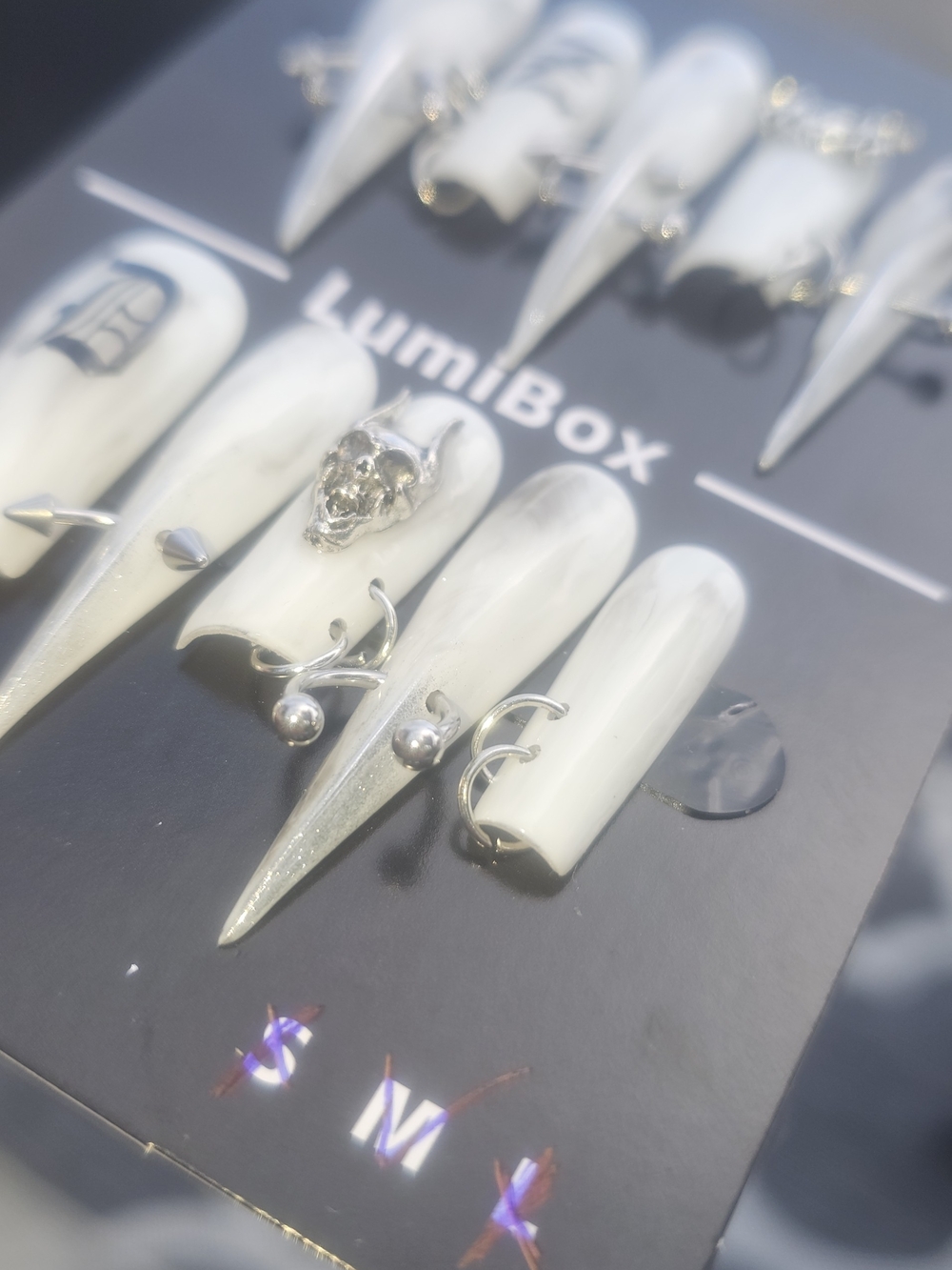 LumiBox 3D Gothic Press On Nails White Marble Pierced Stiletto Alt Grunge Set Nw - Picture 5 of 8